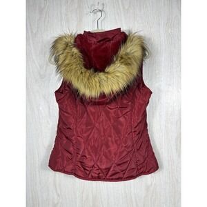 LA Coalition Womens S Red Quilted Puffer Vest Faux Fur Hood Lined Winter